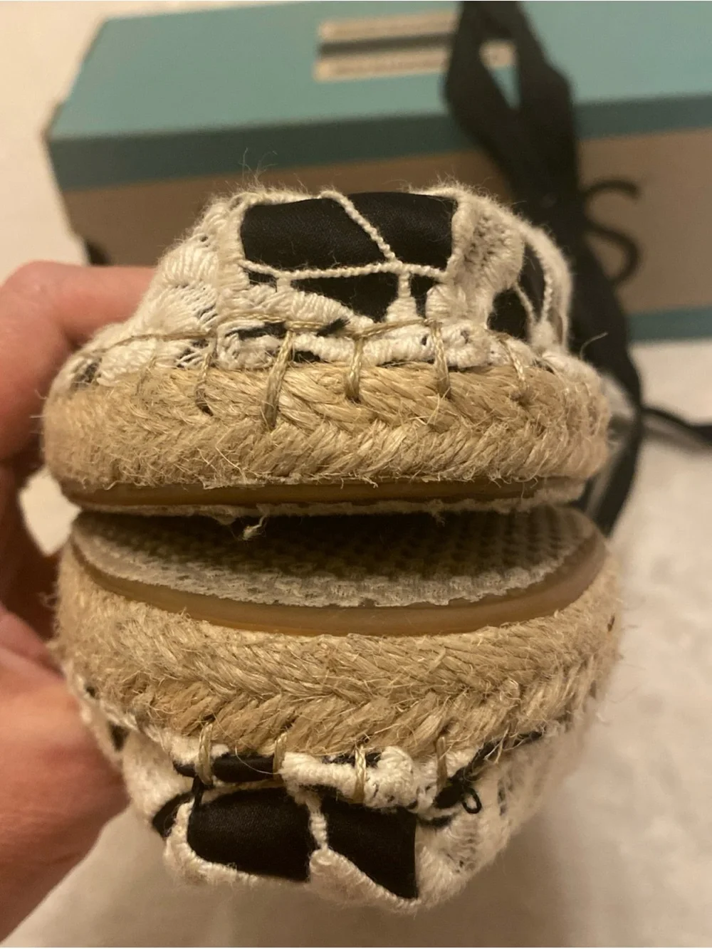 Toms Katalina Black and Ivory Crochet Floral Lace Ankle Tie Espadrilles